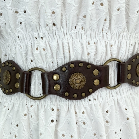 Western brown faux leather concho gold buckle Boho festival studded waist belt - Picture 15 of 15